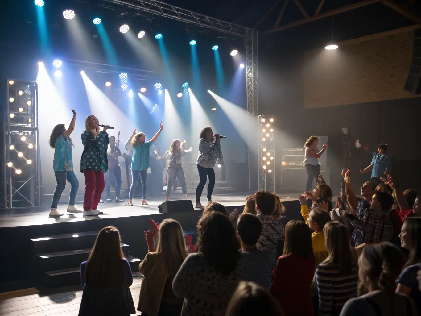 A vibrant scene from a recent concert performance, showcasing the choir in full voice, with dynamic lighting and an engaged audience.