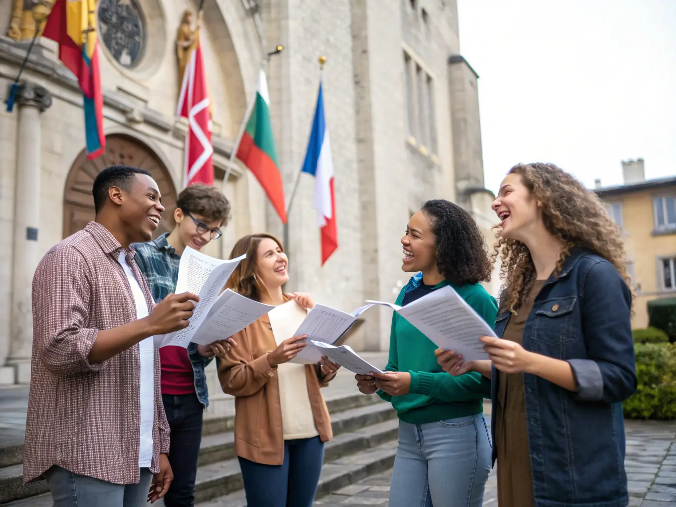 A group of choir members and international guests laughing and sharing stories during a cultural exchange program, set against the backdrop of a scenic European town.